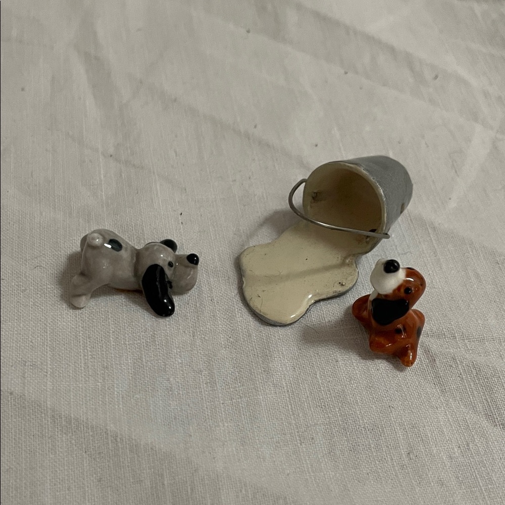 Vintage Miniature Ceramic Dog Figurines with Spilled Milk Bucket - Japan